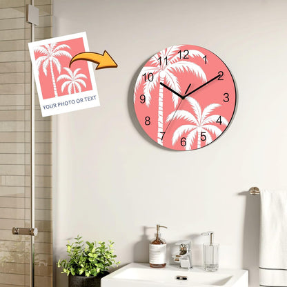 Coastal Palm Tree Wall Clock Battery Operated Non-Ticking 10" Round Wood Clocks, Tropical Plant Coral Pink Kitchen Wall Clock for School Bathroom Living Room Home Office Wall Decor