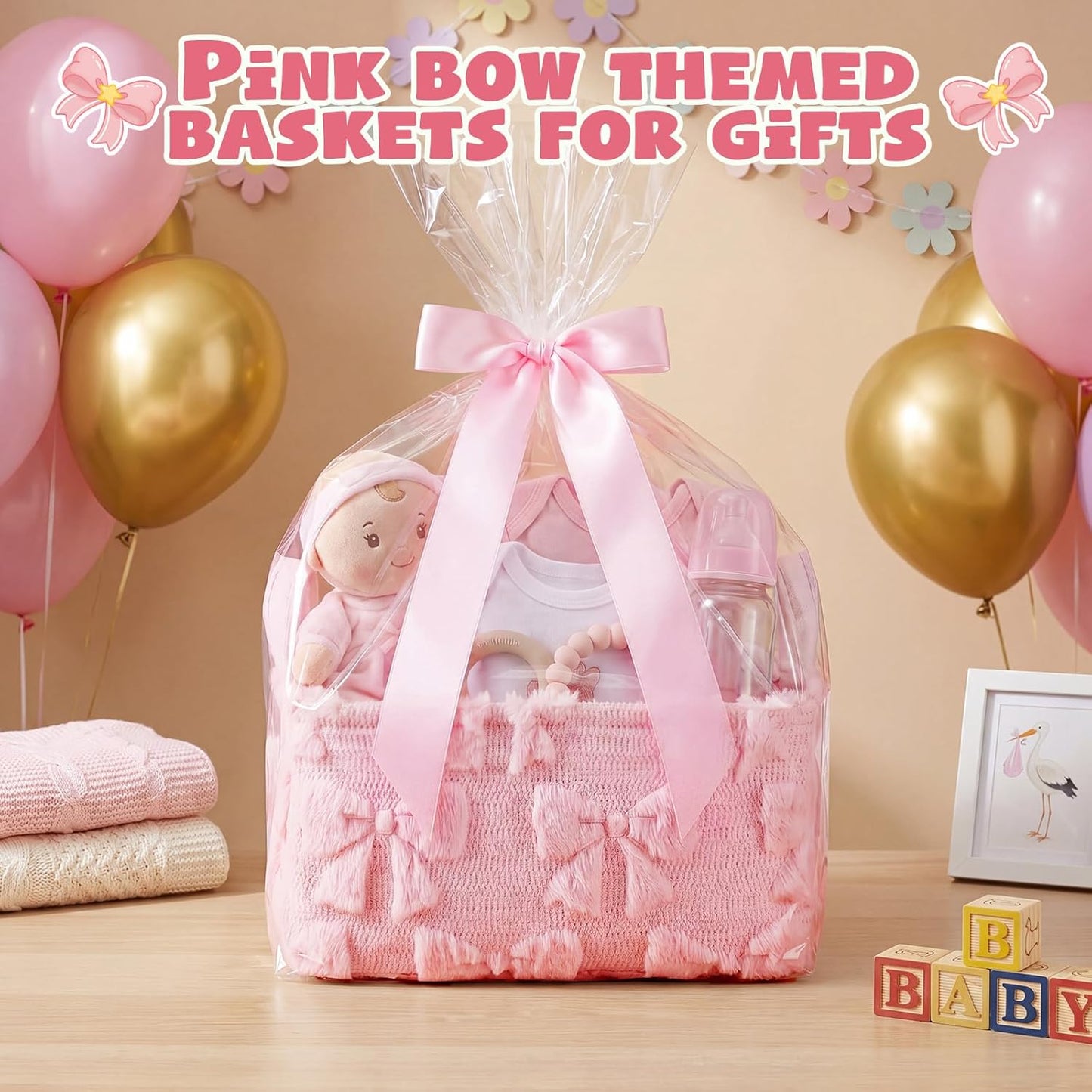Pink Bow Storage Basket with Handles for Gifts 14 x 11 in Large Bow Basket for Nursery Living Room with Clear Gift Bags and Pink Bows for Wedding Baby Shower Brithday Graduation Party Supply