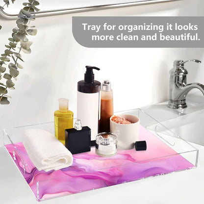 Plastic Food Serving Tray Decorative Vanity Trays for Bathroom Marble Hot Pink Coffee Table Kitchen Counter 11.8 * 15.7in