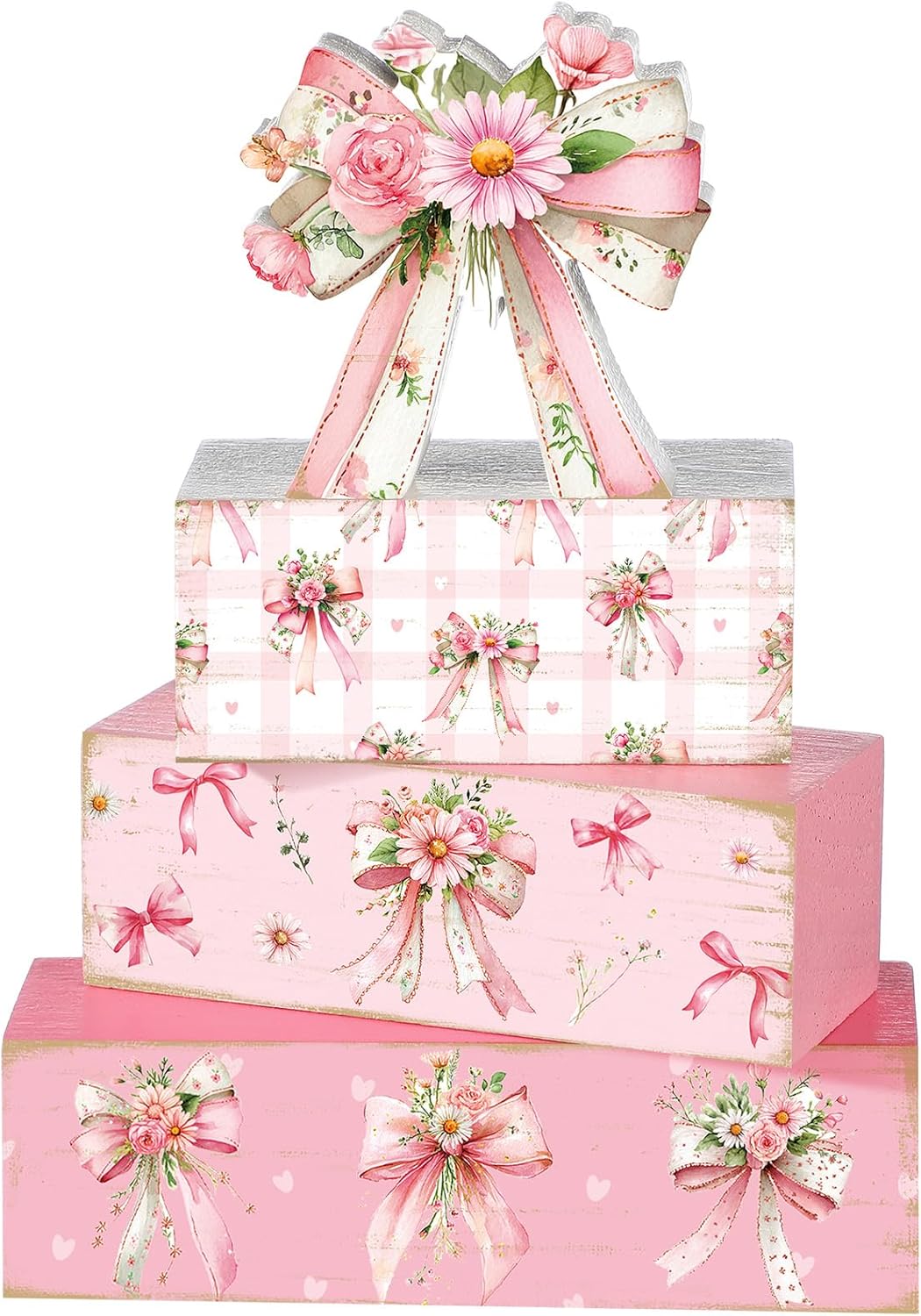 4 Pcs Pink Flower Bow Table Decorations Pink Flower Table Centerpiece Proposal Wedding Wooden Sign Tiered Tray Spring Decor Books Stack Signs Block for Wedding Home Office Decorations Shelf
