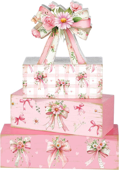 4 Pcs Pink Flower Bow Table Decorations Pink Flower Table Centerpiece Proposal Wedding Wooden Sign Tiered Tray Spring Decor Books Stack Signs Block for Wedding Home Office Decorations Shelf