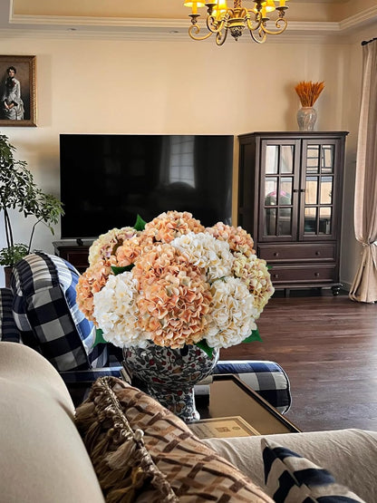 ZYTUYO 5 Pcs Peach Orange Silk Hydrangeas Artificial Flower Boho Dried Touch 20'' Faux Hydrangeas for Indoor Home Decor Kitchen Living Room Outdoor Porch Wedding Flower Arrangement