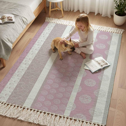 Bedroom Rug 3'x 5', Farm Fruits Washable Floor Carpet with Tassels, Watermelon Lemons Peach Pink Grey Striped Elegant Soft Carpet Floor Mat for Patio, Balcony, Laundry, Room Decor