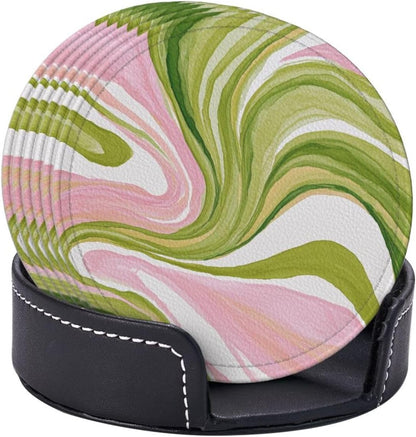 Watercolor Light Pink Green Swirl Marble Premium Leather Coasters, Set of 6 with Holder, Stylish Beverage Coasters for Kitchen Coffee Bar