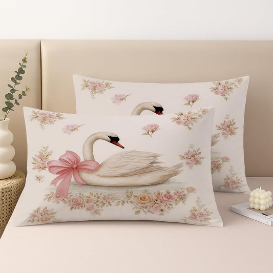 Vintage Throw Pillow Covers Set of 2, Soft White Swan with Pink Bow and Floral Print Cushion Cases, Spring Decorative Square Chic Home Decor for Sofa Bed Couch 20x12 Inch