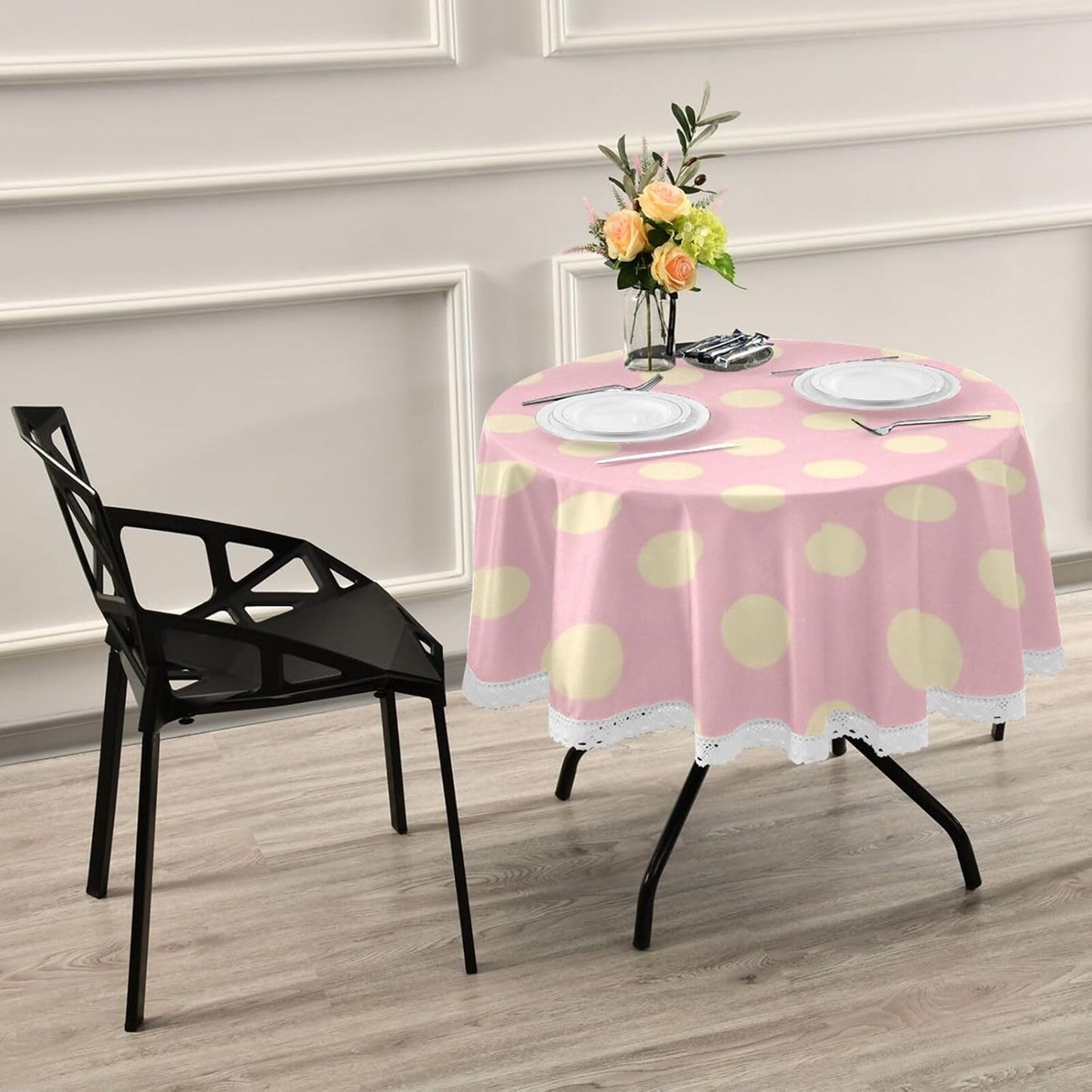 Peach Polka Dot Pattern Round Modern Tablecloth 60 Inch Machine Washable Polyester Lace Trimmed, Circular placemats for Picnic Home DecorSize 60in