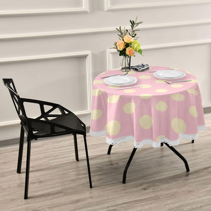 Peach Polka Dot Pattern Round Modern Tablecloth 60 Inch Machine Washable Polyester Lace Trimmed, Circular placemats for Picnic Home DecorSize 60in