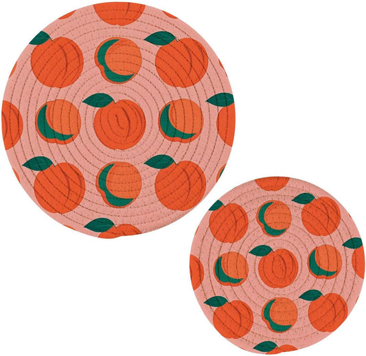 Trivets Peach Pattern Pot Holders Set of 2 Cotton Braided Hot Pads for Kitchen Table Mats Round Heat Resistant Placemats Absorbent Coasters for Dining Table Countertop Protection