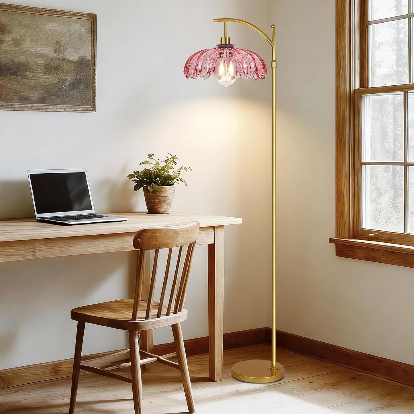 QIYIZM Pink Floor Lamp for Living Room,Bedroom,Gold Dimmable Standing Lamp with Remote,Mid Century Modern Brass Tall Lamp Boho Floor Lamps Arc Stained Glass Flower Floor Light Lamp Girls kids Bohemian