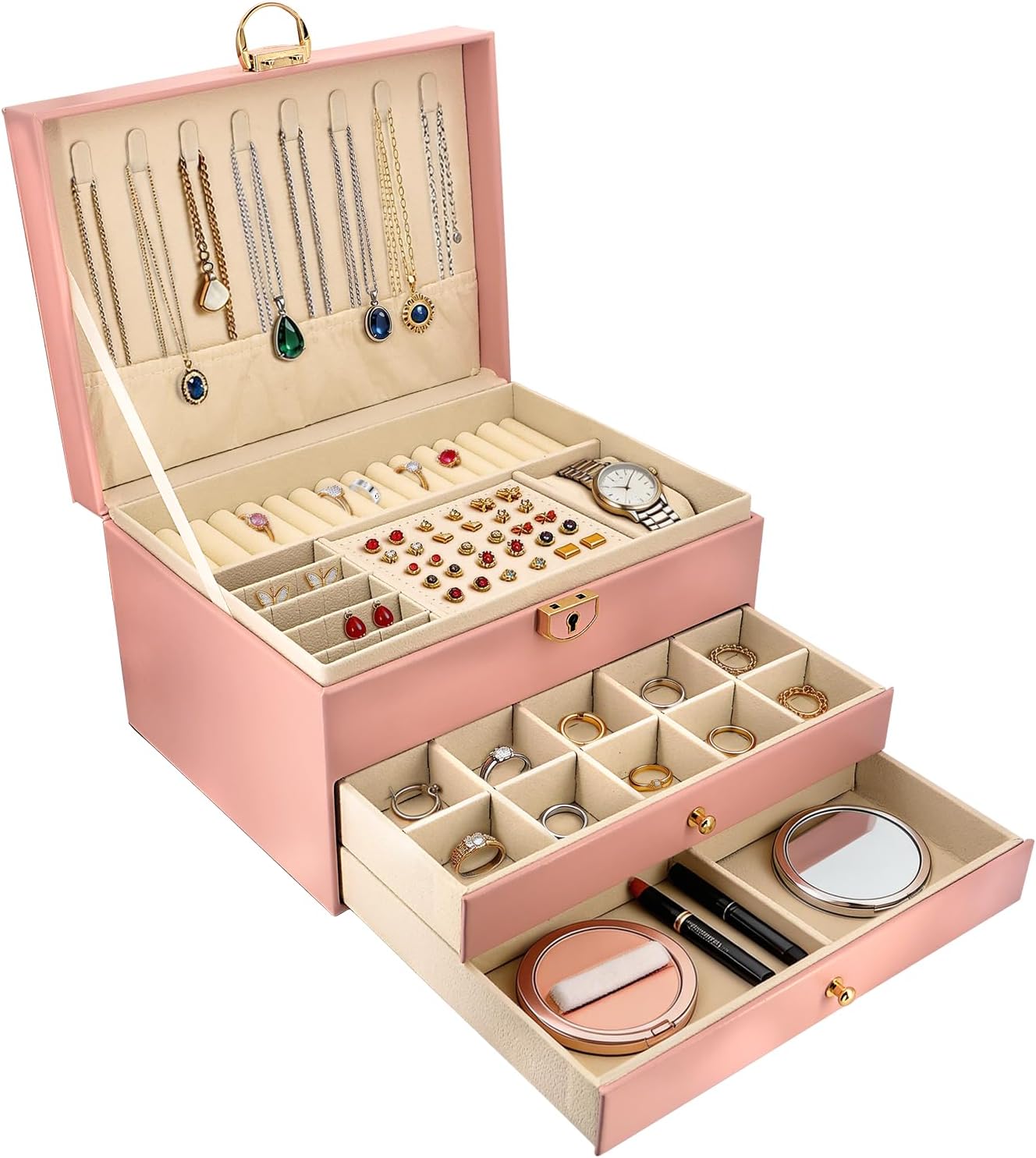 SRTCYDA Jewelry Box for Women, 3-Layer Jewelry Organizers with Lock and Key | Leather Jewelry Organizers and Storage, Dresser Top Jewelry Box for Holds Necklace, Earring, Ring, Bracelet, Watch