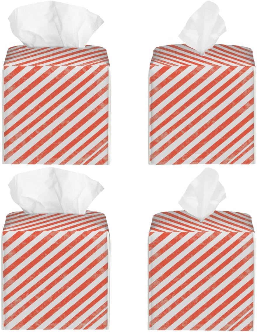 Tissue Box Cover,Retro Pink Striped Pattern Waterproof PVC Leather Tissues Holder,Square, 5.2" L x 5.2" W x 5.2" H, Decorative for Home Office