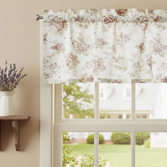 DaDa Bedding Dainty Floral Rose Garden Window Curtain Valance - Semi Sheer Natural Lighting Botanical Straight Tailored Edge - Vintage Ivory White Pastel Green Pink Kitchen Decor - 18" x 52"