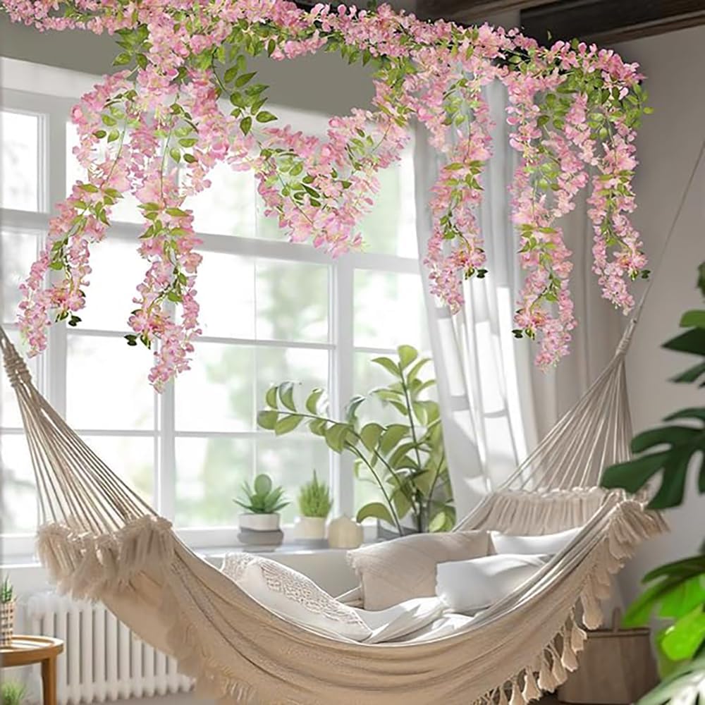 48 Branches Wisteria Hanging Flowers 6 Feet Artificial Wisteria Vine Silk Wisteria Flowers Garland for Wedding Arch Party Garden Home Decor (4 Packs) (Peach)