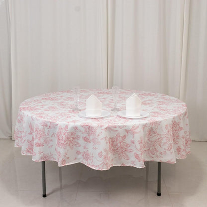 Efavormart Polyester Round Tablecloth 90" White with Pink French Toile Pattern - Sophisticated Table Cover for Chic Weddings & Events
