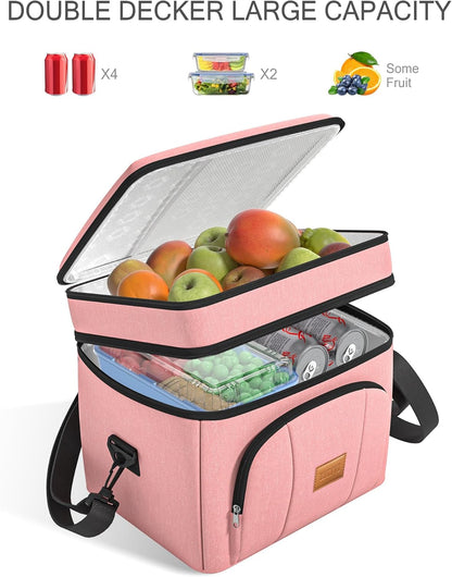 Rnivvi Lunch Box for Women, Double Decker Insulated Cooler Bag Lunch Bag Reusable Leakproof Tote Lunch Container with Strap for Work Family Picnic Hiking Camping, 18 Cans 12L, Large Adults, Rose Pink
