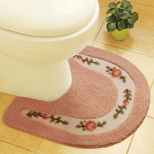 U Shaped Toilet Contour Rugs Non Slip TPR Backing Rug Superfine Fiber Thick Soft Microfiber Water Absorbent Rubber Back Mat for Bathroom Toilet Floral Decor Rug (Pink Shape A)