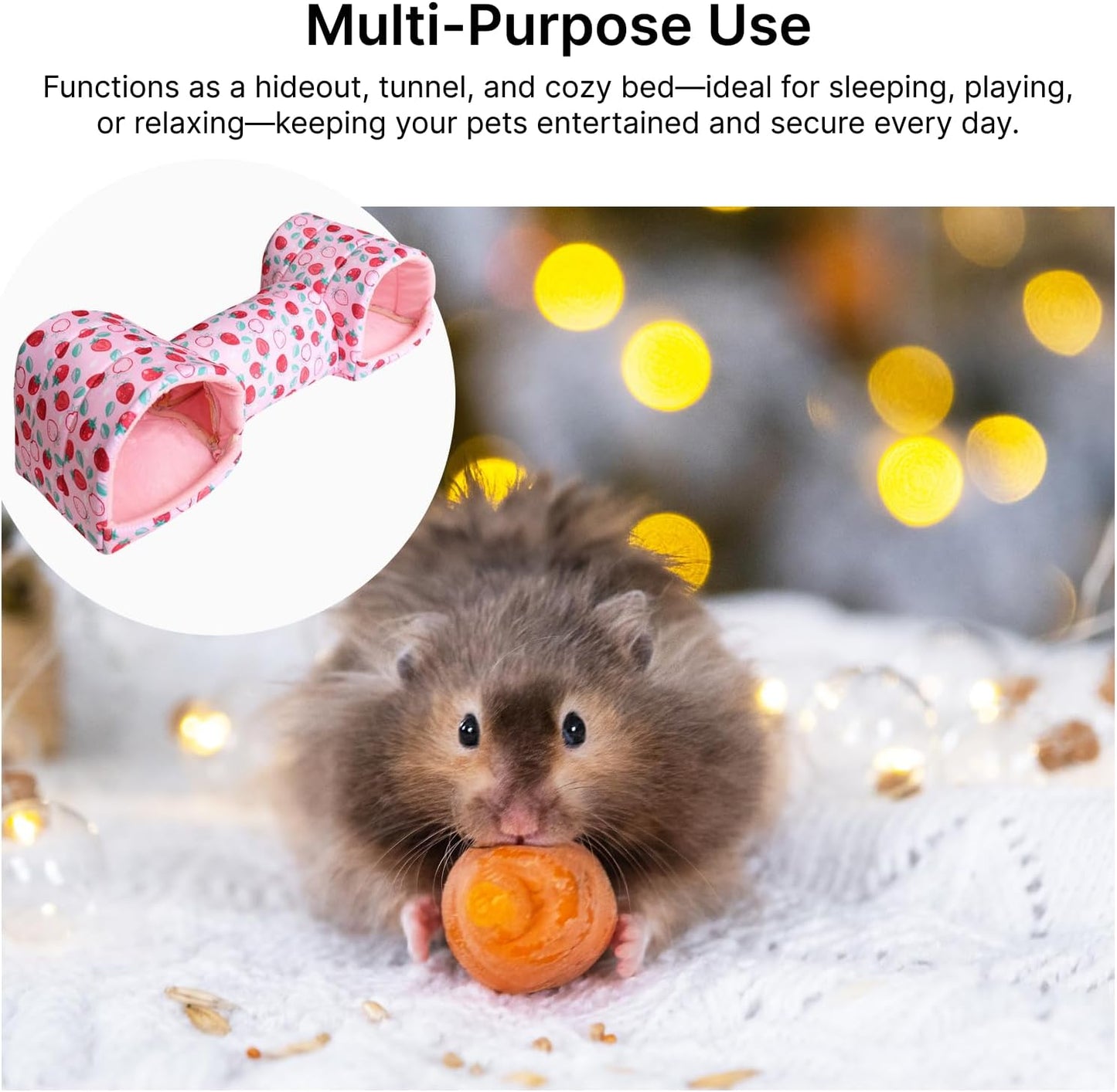 Hamster Tunnel Bed Hideout, Polyester Small Pet Cave for Guinea Pigs, Mice, Chinchillas and Dwarf Rabbits, Pink Strawberry