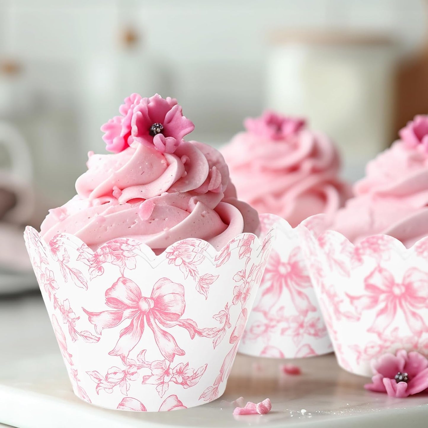 Whaline 48Pcs Pink Floral Bow Cupcake Wrappers Paper Cupcake Liners Chinoiserie Flower Bow Decorative Dessert Holders for Birthday Baby Shower Wedding Party Supplies
