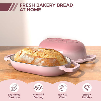 Enameled Cast Iron Sourdough Bread Oven, Wildone 5.5QT Cast Iron Dutch Oven for Homemade Bread Baking, Bread Pan with Lid & Cotton Potholders, Pink