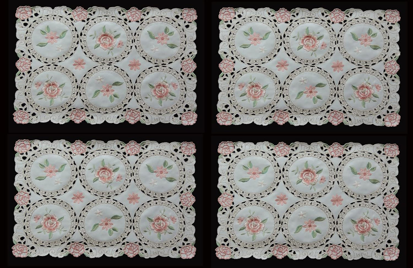 Creative Linens 4PCS Embroidered Pink Rose Daisy Floral Pastel Placemats 11x17 Ivory, Set of 4 Pieces