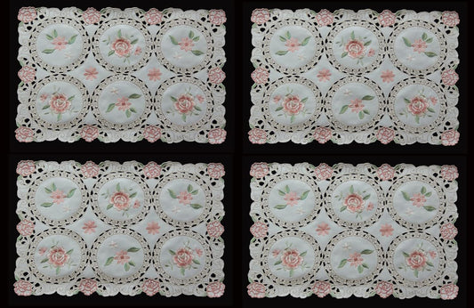 Creative Linens 4PCS Embroidered Pink Rose Daisy Floral Pastel Placemats 11x17 Ivory, Set of 4 Pieces