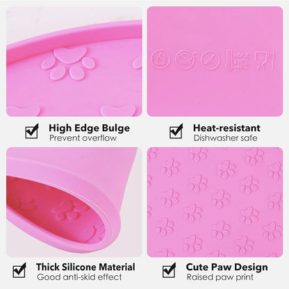 Silicone Pet Food Mat - Waterproof Dog Food Bowl Mat Cat Feeding Mat Thicker Pet Placemat Eating Mat with High Lip to Prevent Spills, Dog & Cat Water Bowl Mat for Messy Drinkers to Protect Floors,Pink