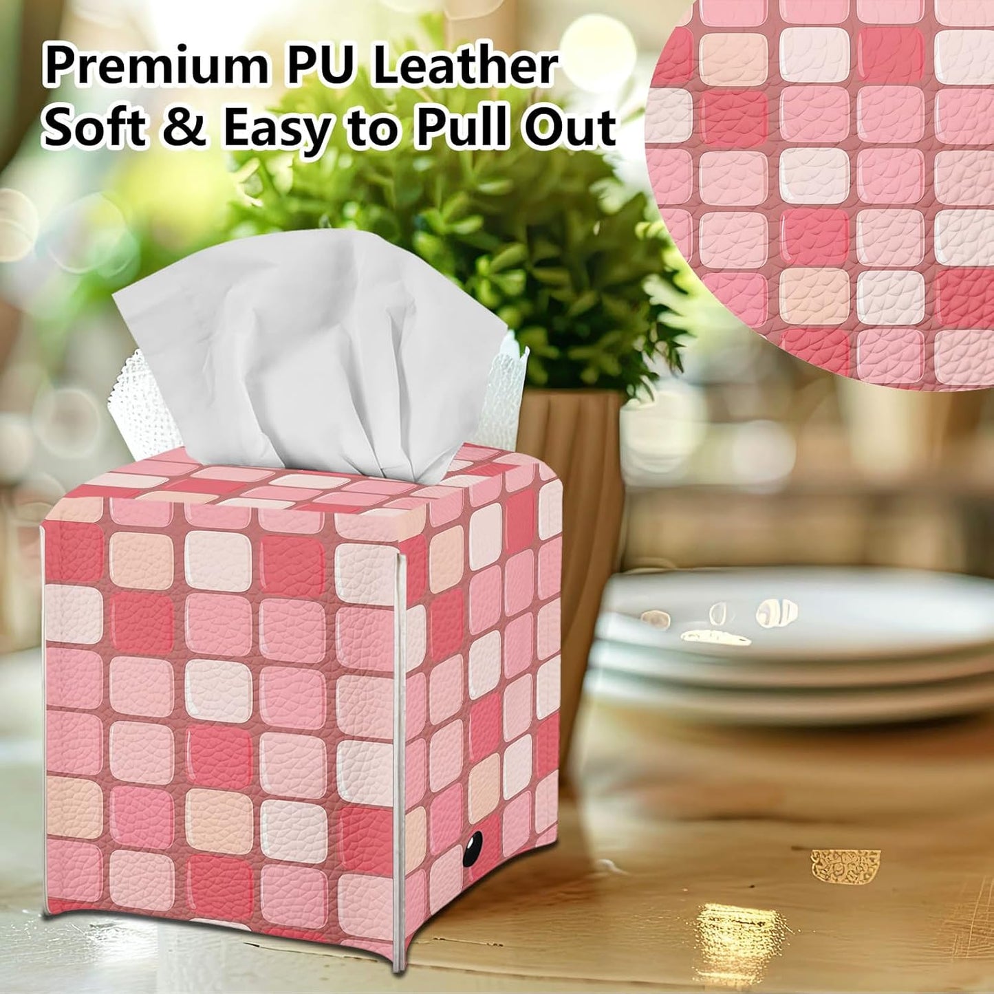 Tissue Box Cover, Square with Bottom Metal Button Belt, PU Leather Pink Checkerboard Decorative Tissue Holder and Organizer for Tabletop, Bathroom, Office, Car