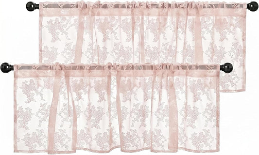 Emvency 2 Pack Valances for Windows, Pink Lace Romantic Elegant Light Filtering Semi Sheer Floral Drapes Curtain for Bedroom Living Room Kitchen Over Sink, 52x18 Inch Rod Pocket Valances