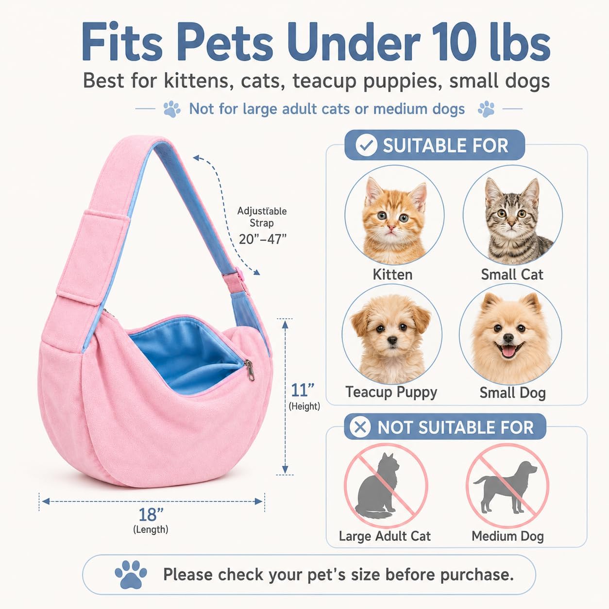 Cat Sling Carrier for Cats and Kittens, Soft Fleece Pet Sling Carrier Bag with Adjustable Shoulder Strap, Hands-Free Puppy and Small Dog Carrier Sling Travel Pouch for Small Pets Under 10 lbs, Pink