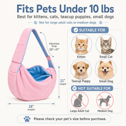 Cat Sling Carrier for Cats and Kittens, Soft Fleece Pet Sling Carrier Bag with Adjustable Shoulder Strap, Hands-Free Puppy and Small Dog Carrier Sling Travel Pouch for Small Pets Under 10 lbs, Pink