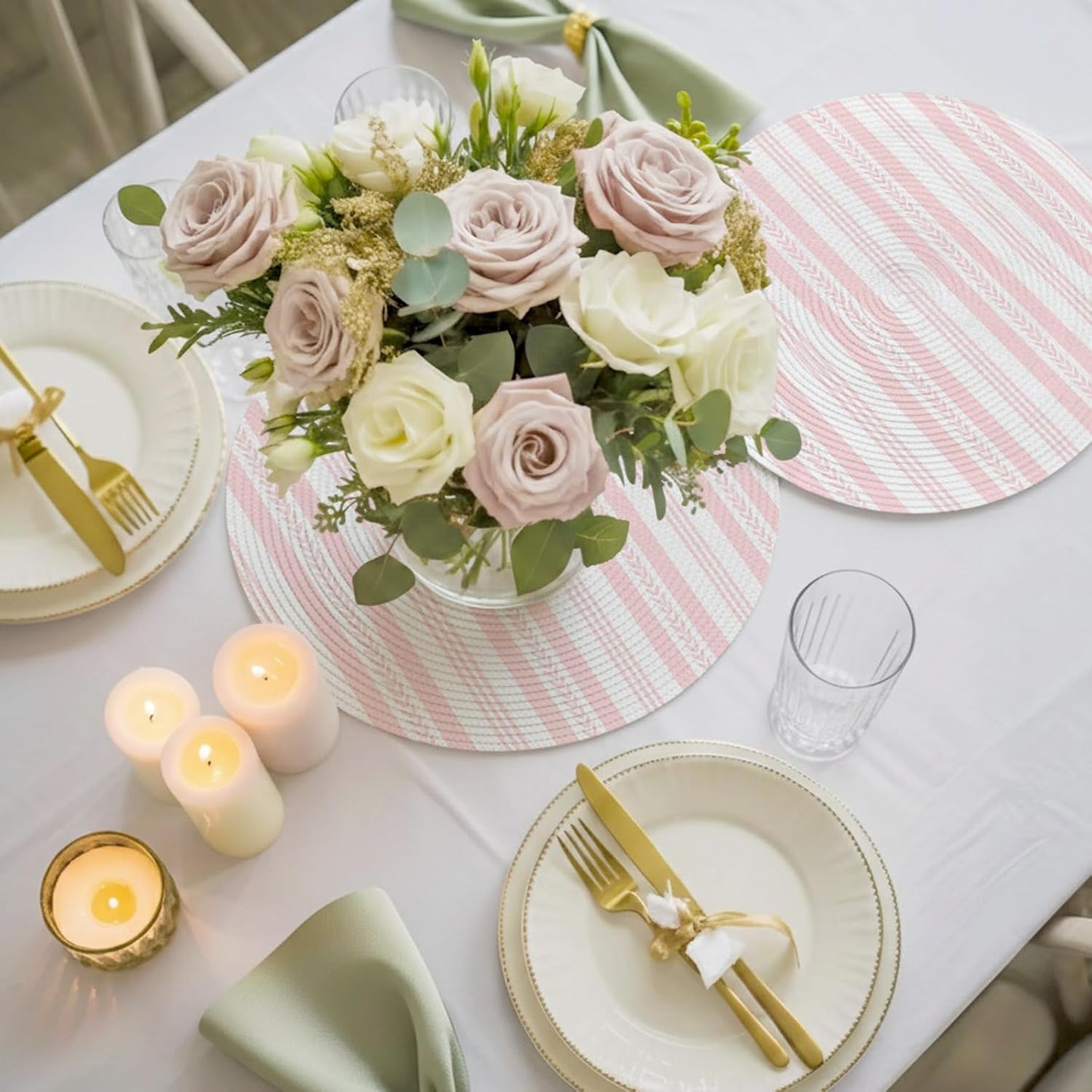Round 13'' Placemats Set of 6, Pink Line Striped HeatResistant Polypropylene Placemats, Farmhouse Modern Geometric Stripes Washable Braided Place Mats for Dining Table, Non Slip Kitchen Table Decor