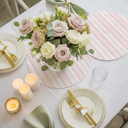 Round 13'' Placemats Set of 6, Pink Line Striped HeatResistant Polypropylene Placemats, Farmhouse Modern Geometric Stripes Washable Braided Place Mats for Dining Table, Non Slip Kitchen Table Decor