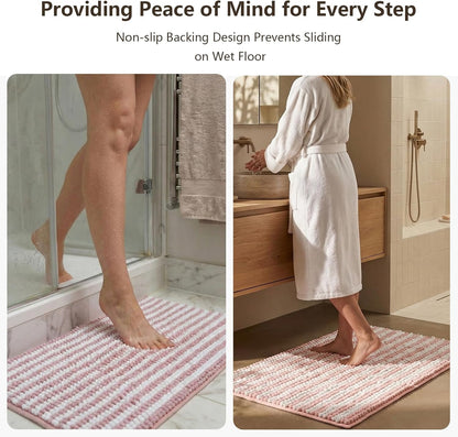 Chenille Bathroom Rug Non Slip Washable, Absorbent Bath Mat with Quick Dry Surface and Durable Hot Melt Adhesive Backing for Floor, Tub, Shower, Sink, Small (16" x 24"), Pink and White Pinstripe