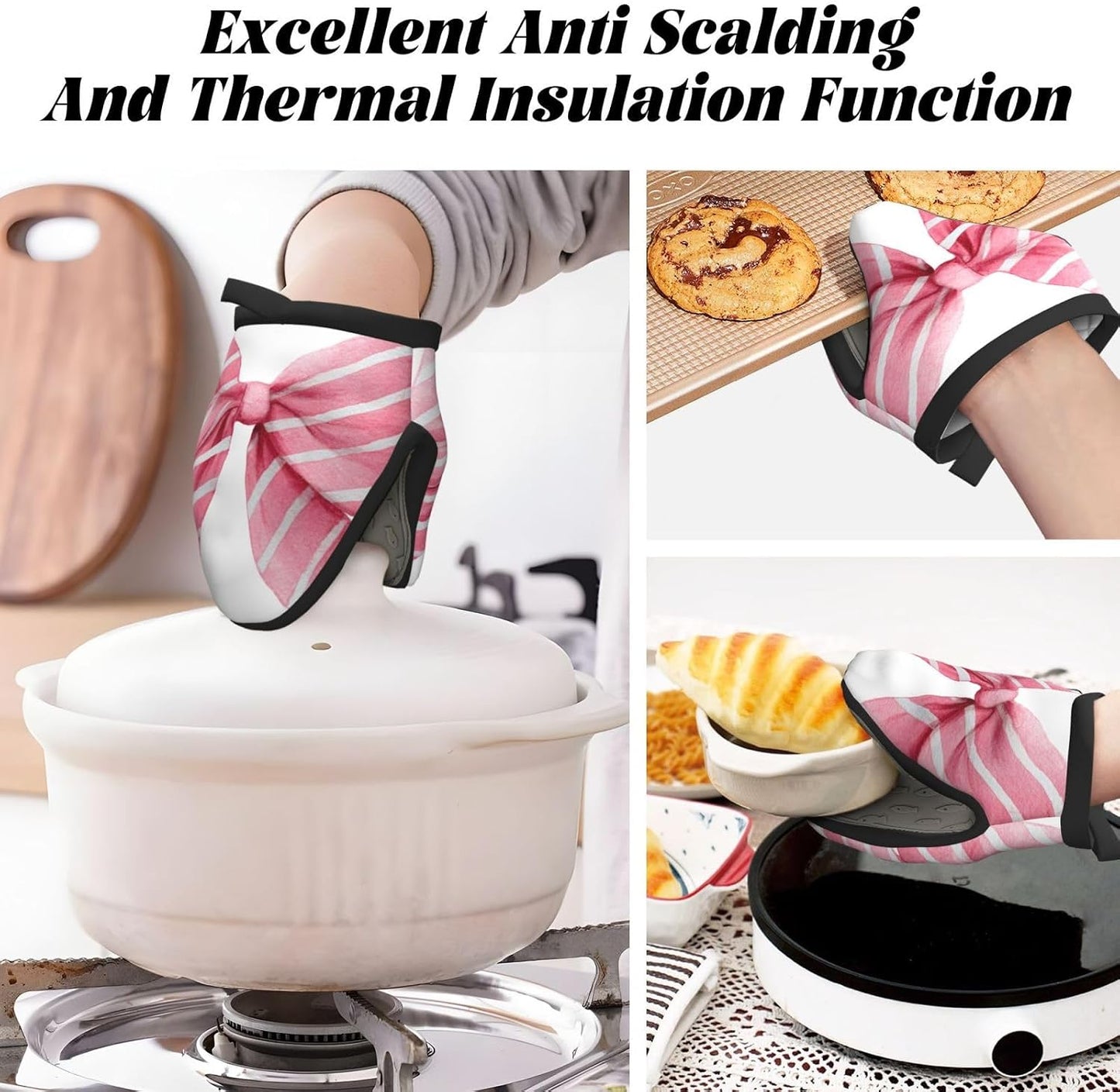 Light Pink Watercolor Bow with White Stripes Mini Silicone Oven Mitts Heat and Slip Resistant Kitchen Mittens,Short Oven Gloves for Safe Cooking Baking & Grill,5.9"X5.9"