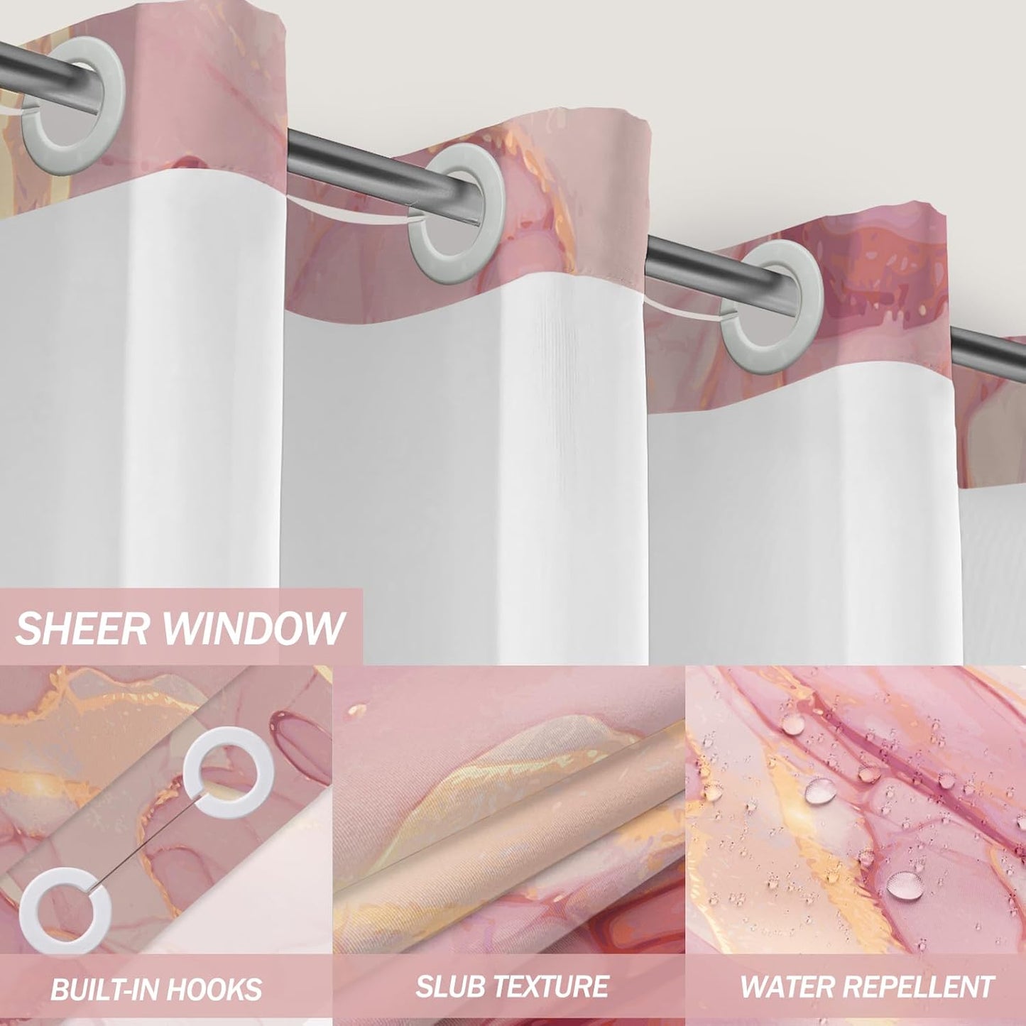 Lnond No Hooks Shower Curtain with Snap in Liner, Pink Gold Marble Hookless Shower Curtain for Bathroom,Machine Washable, 71" (W) X 74" (H)