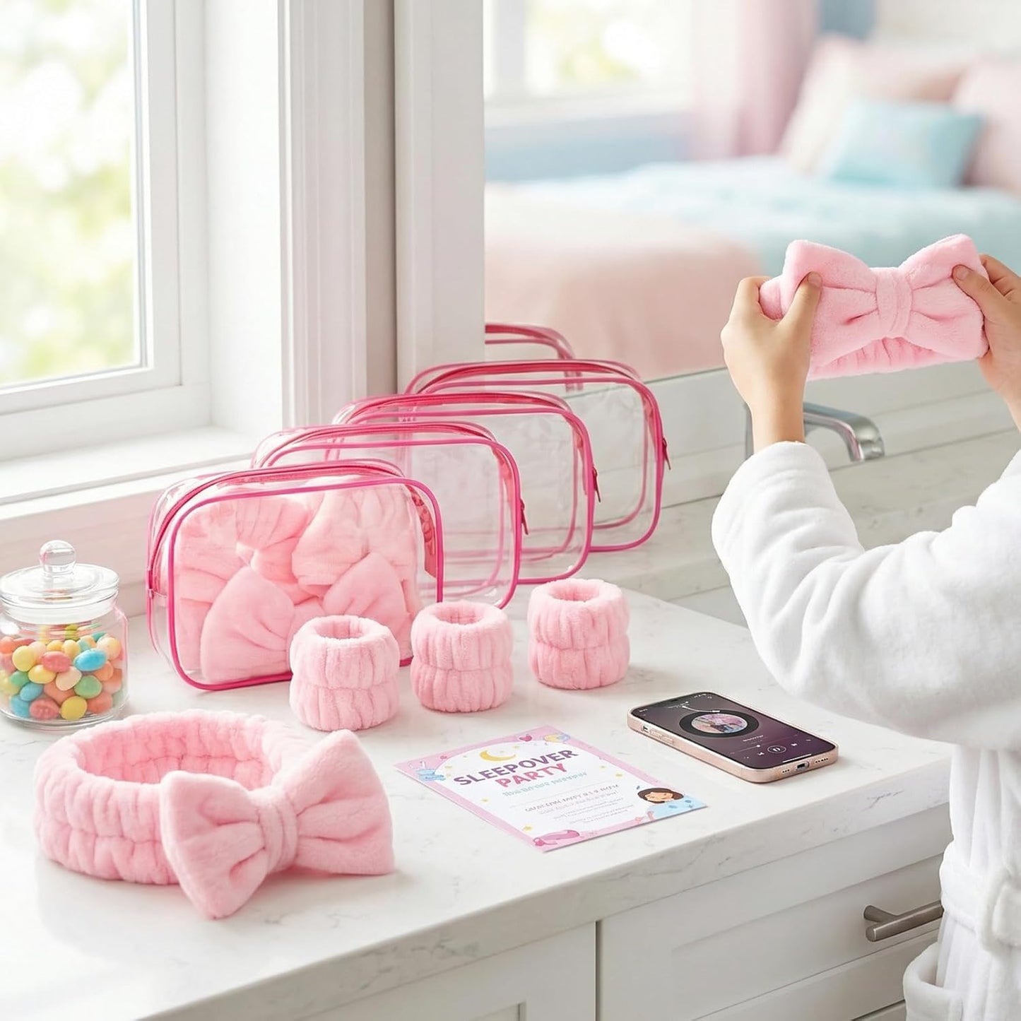 24Pcs Spa Sleepover Party Supplies for Girls,6 Spa Headbands 6 Clear Cosmetic Bags 6 Hair Ties 6 Face Towels,Sleepover Stuff for Valentine Galentine Party(Pink)