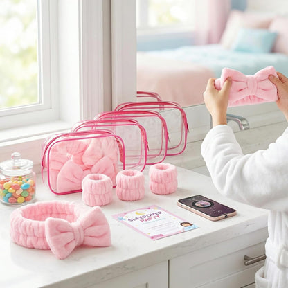 24Pcs Spa Sleepover Party Supplies for Girls,6 Spa Headbands 6 Clear Cosmetic Bags 6 Hair Ties 6 Face Towels,Sleepover Stuff for Valentine Galentine Party(Pink)