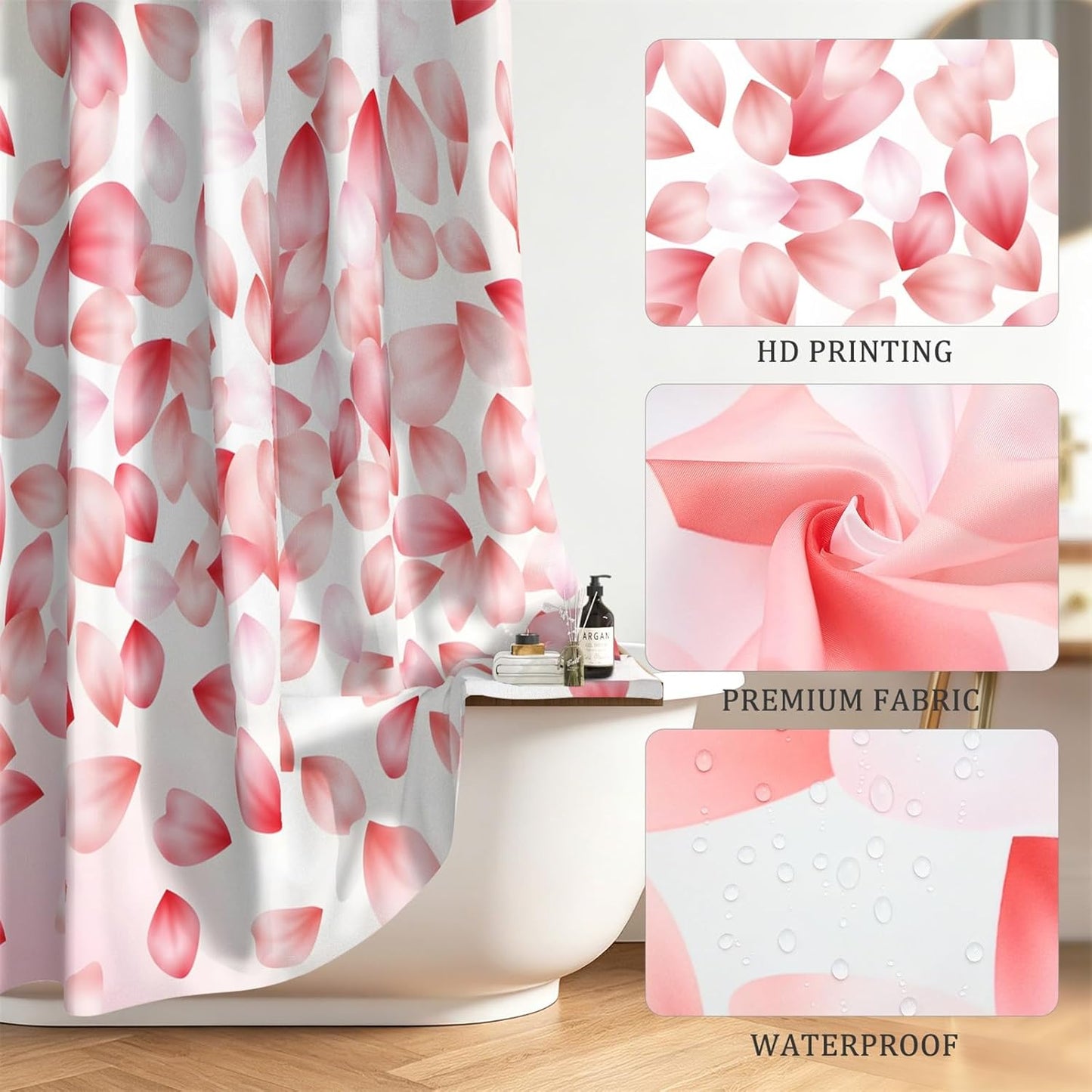 Cherry Blossom Petal Shower Curtain, Light Pink and White Floral Girly Aesthetic Shower Curtains for Bathroom, Farmhouse Waterproof Polyester Bathtub Curtain Set with 12 Hooks, 72x72 Inches