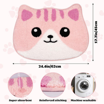 Bathroom Rugs - Cute Pink Cat Bath Mat, Kawaii Kitty Face Bath Rug for Girls, Soft Non-Slip Absorbent Floor Mat for Bathroom Decor