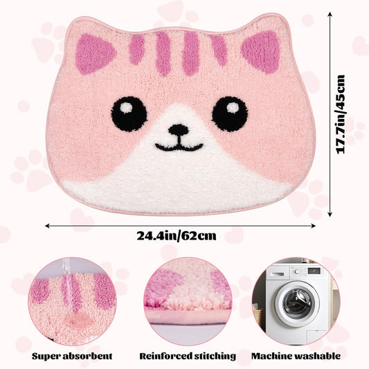 Bathroom Rugs - Cute Pink Cat Bath Mat, Kawaii Kitty Face Bath Rug for Girls, Soft Non-Slip Absorbent Floor Mat for Bathroom Decor