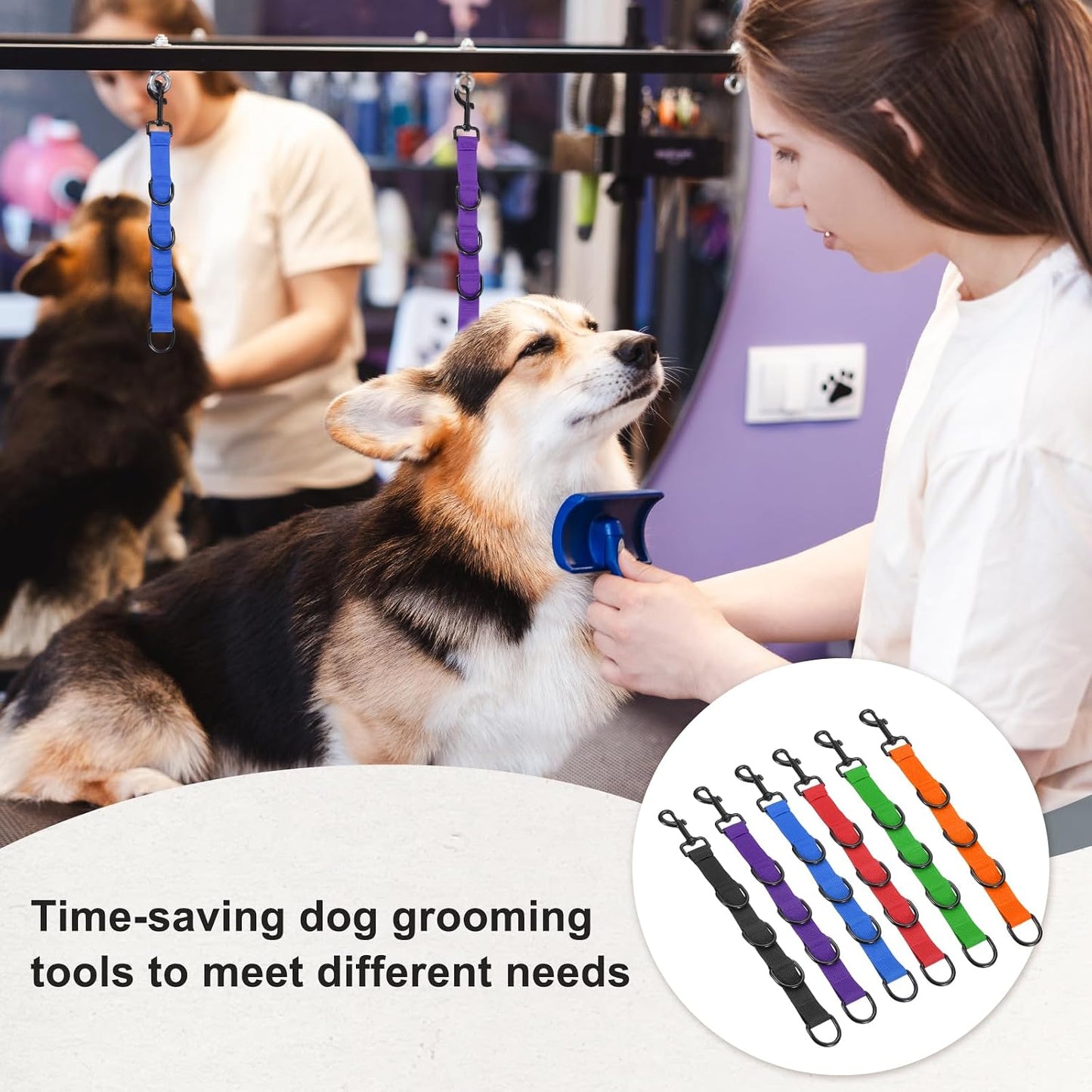 Pet Dog Grooming Loops, Adjustable Nylon Table Arm Extender Belly Strap with 6 Black D-Rings Restraint Leash(Pink/Yellow, 2Pcs), Intended for Fixed Dog Bathing Hair Cutting