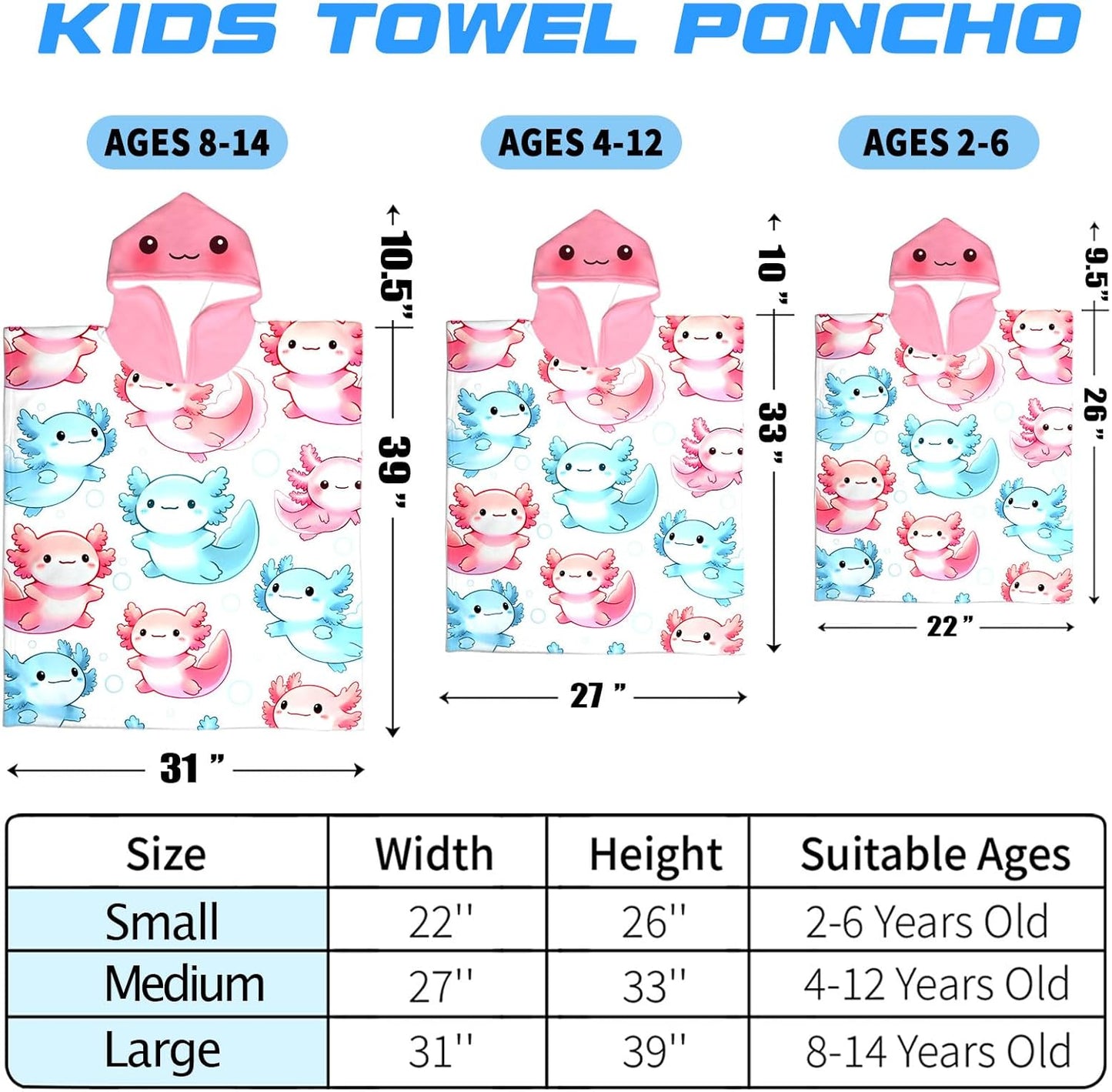 Axolotl Kids Hooded Beach Towel Wrap for 4-12 Years, Soft Absorbent Bath Poncho with Pink Axolotl Bubbles Print, Quick Dry Swim Cover Up for Pool, Beach, Vacation and Bathroom, 31x39 Inch