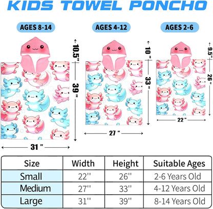 Axolotl Kids Hooded Beach Towel Wrap for 4-12 Years, Soft Absorbent Bath Poncho with Pink Axolotl Bubbles Print, Quick Dry Swim Cover Up for Pool, Beach, Vacation and Bathroom, 31x39 Inch
