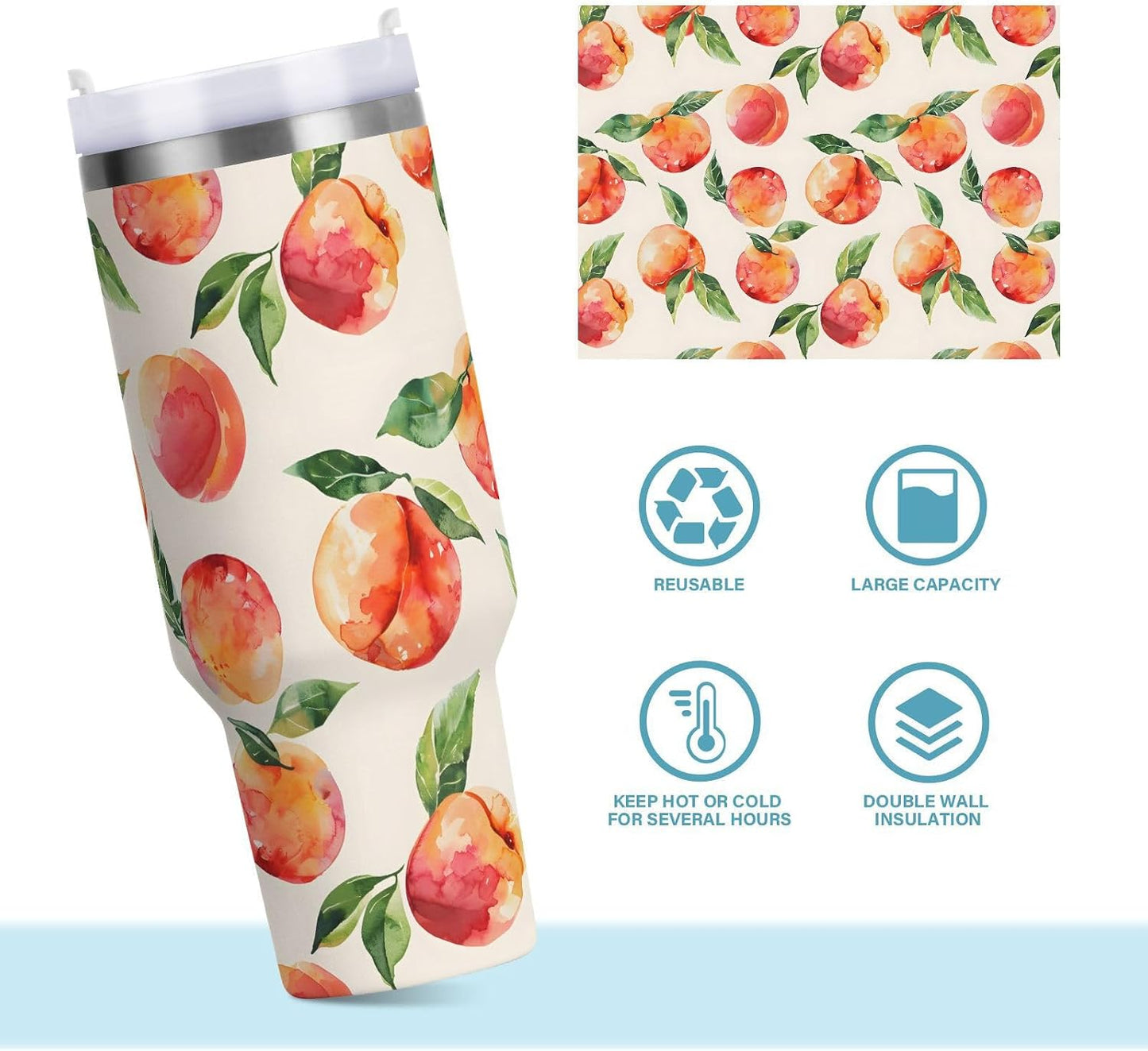 ALAZA Peach Watercolor Fruit Tumbler with Handle and Straw Lid Vacuum Insulated Cup Stainless Steel 30 oz