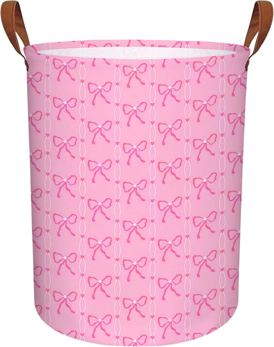 MYFLCOY Cute Bow Laundry Basket Collapsible Canvas Baby Nursery Gift hamper Teen Girls Coquette Bedroom Decor (Pink)