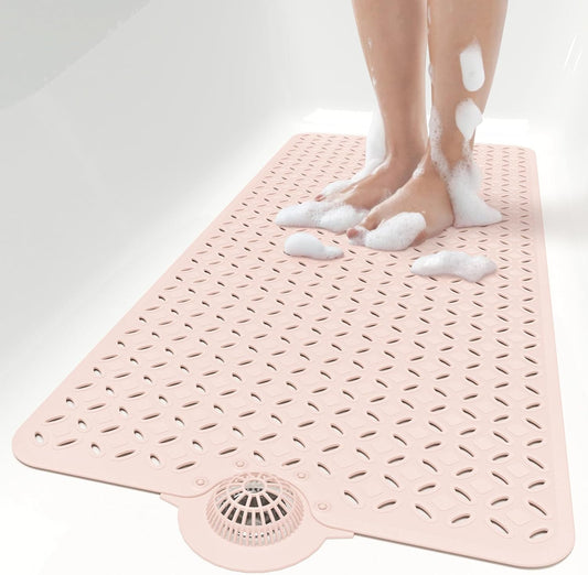 OTHWAY Bath Mat for Tub Non Slip: 39" X 17" Long Bathtub Mat with Hair Catcher│Big Drain Holes Shower Mats for Inside Shower│Machine Washable (Pink)