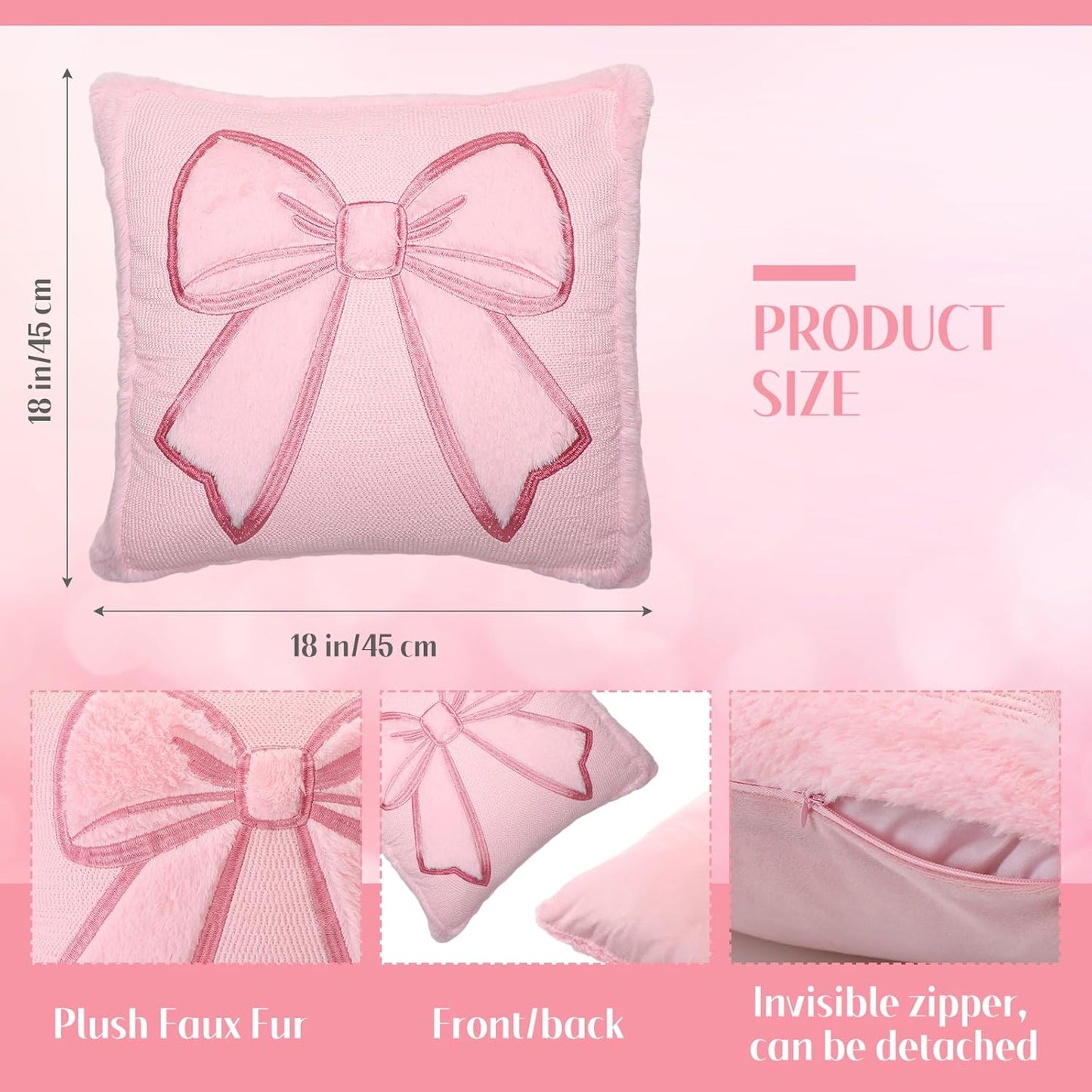 Gilprop Pink Bow Pillow Covers 18x18 Set of 2 Embroidered Coquette Preppy Room Decor Decorative Cute Faux Fur Soft Bowknot Aesthetic Pillow Cover Valentine's Pillowcase for Bed Couch Dormitories Decor
