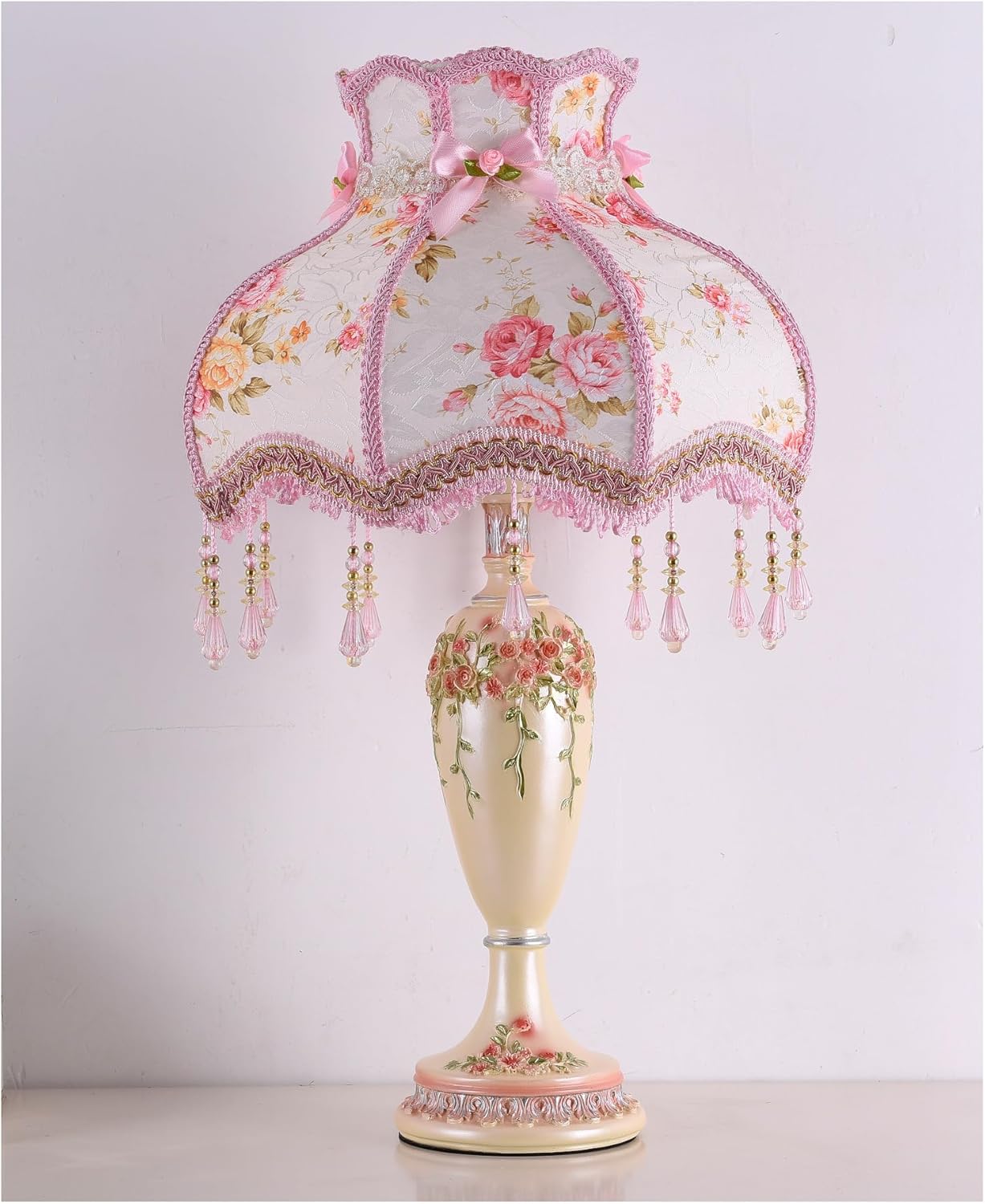 Victorian Style Table Lamp Pink Lace Fabric Lampshade Hand-Made Antique Painted Resin Lamp Body Princess Small Lamp for Living Room Bedroom,13" W, 22" H. (Q7)