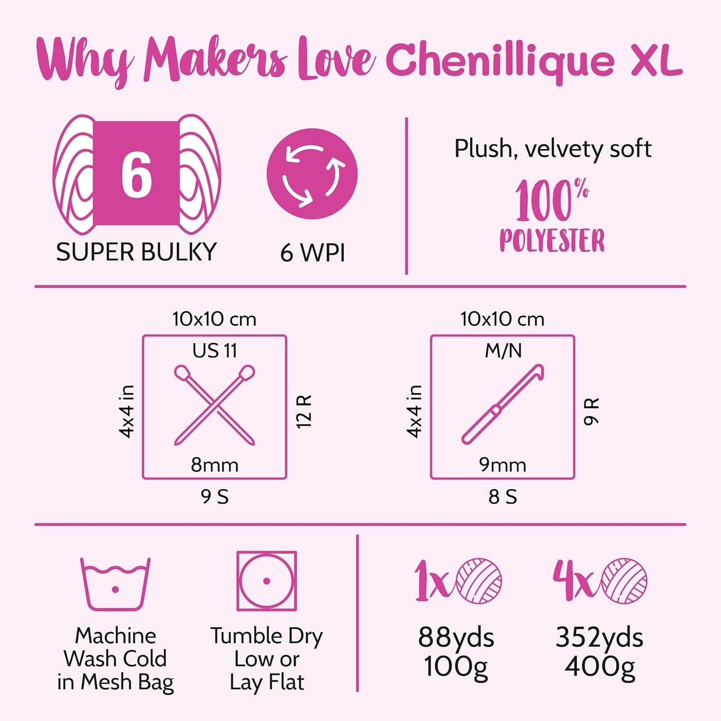 Chenillique XL Plush Velvet Chenille Yarn #6 Super Bulky – 4-Pack (352 Yards / 400 g) – Variegated Yarn for Plushies, Blankets, Amigurumi & Accessories - Peach Fizz