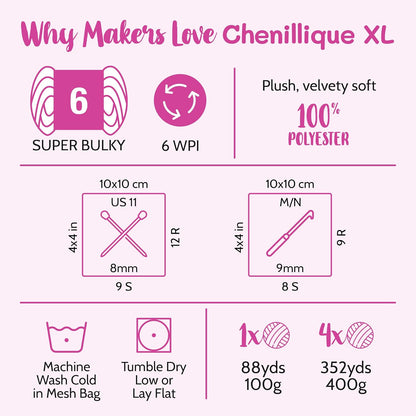Chenillique XL Plush Velvet Chenille Yarn #6 Super Bulky – 4-Pack (352 Yards / 400 g) – Variegated Yarn for Plushies, Blankets, Amigurumi & Accessories - Peach Fizz